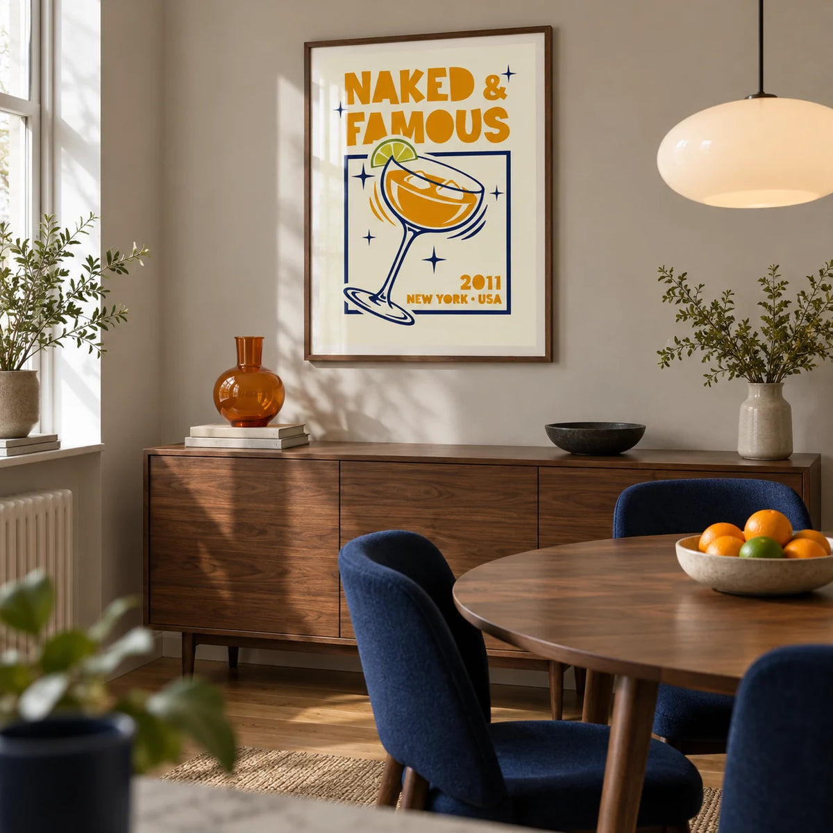 Mezcal Cocktail Art Print, framed on the wall of a design-led dining room in a UK terraced house with a pale warm grey wall