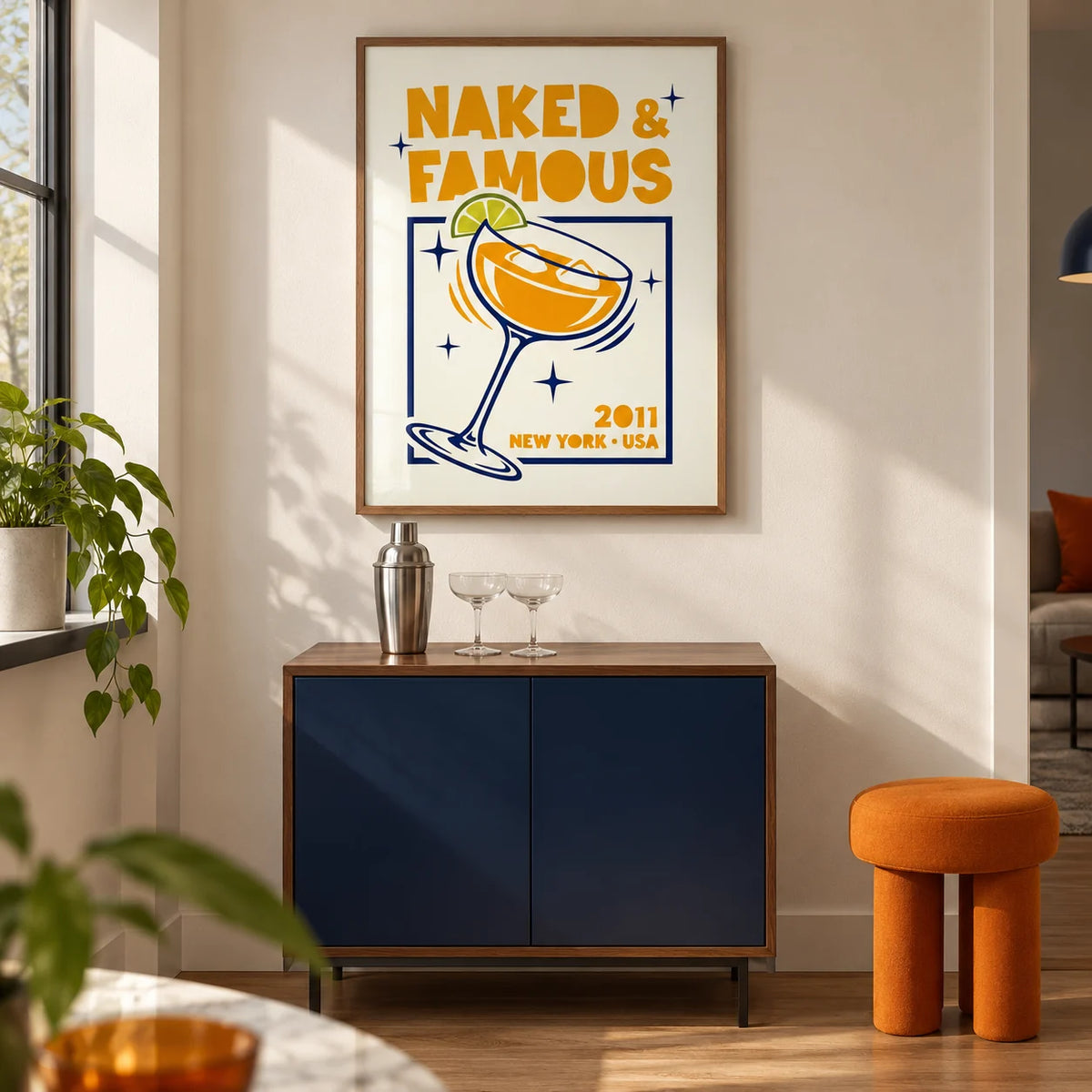 Mezcal Cocktail Art Print, framed on the wall of a modern home bar in a UK city flat with an ivory wall and oak flooring in a living room