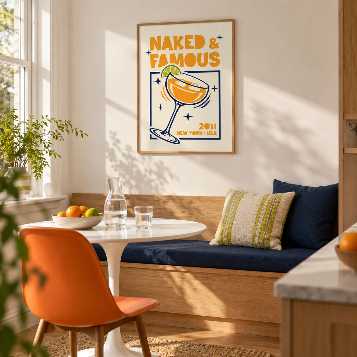 Mezcal Cocktail Art Print, framed on the wall of a sunny kitchen breakfast nook in a renovated UK maisonette with a warm white wall