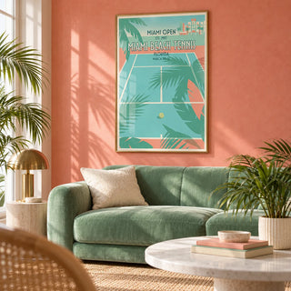 Miami Beach Tennis Print, framed on the wall of a bright art deco inspired living room with a coral pink limewash wall