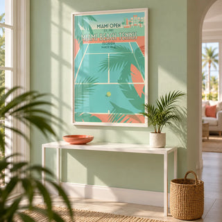 Miami Beach Tennis Print, framed on the wall of a bright hallway with a mint green wall
