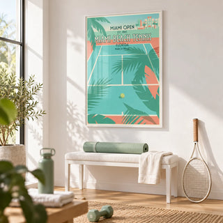 Miami Beach Tennis Print, framed on the wall of a bright home gym with a white wall and a pale oak floor