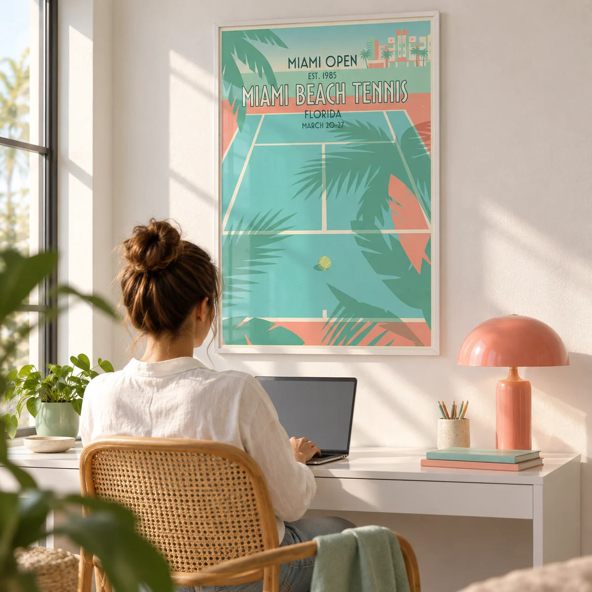 Miami Beach Tennis Print, framed on the wall of a bright home office with a white wall