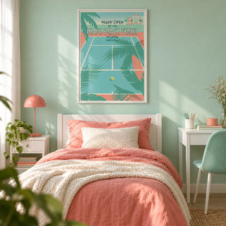 Miami Beach Tennis Print, framed on the wall of a fresh teen girl's bedroom (13-17) with a soft mint wall