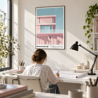 Mid Century Art Art, framed on the wall of an architect's home studio in a home office