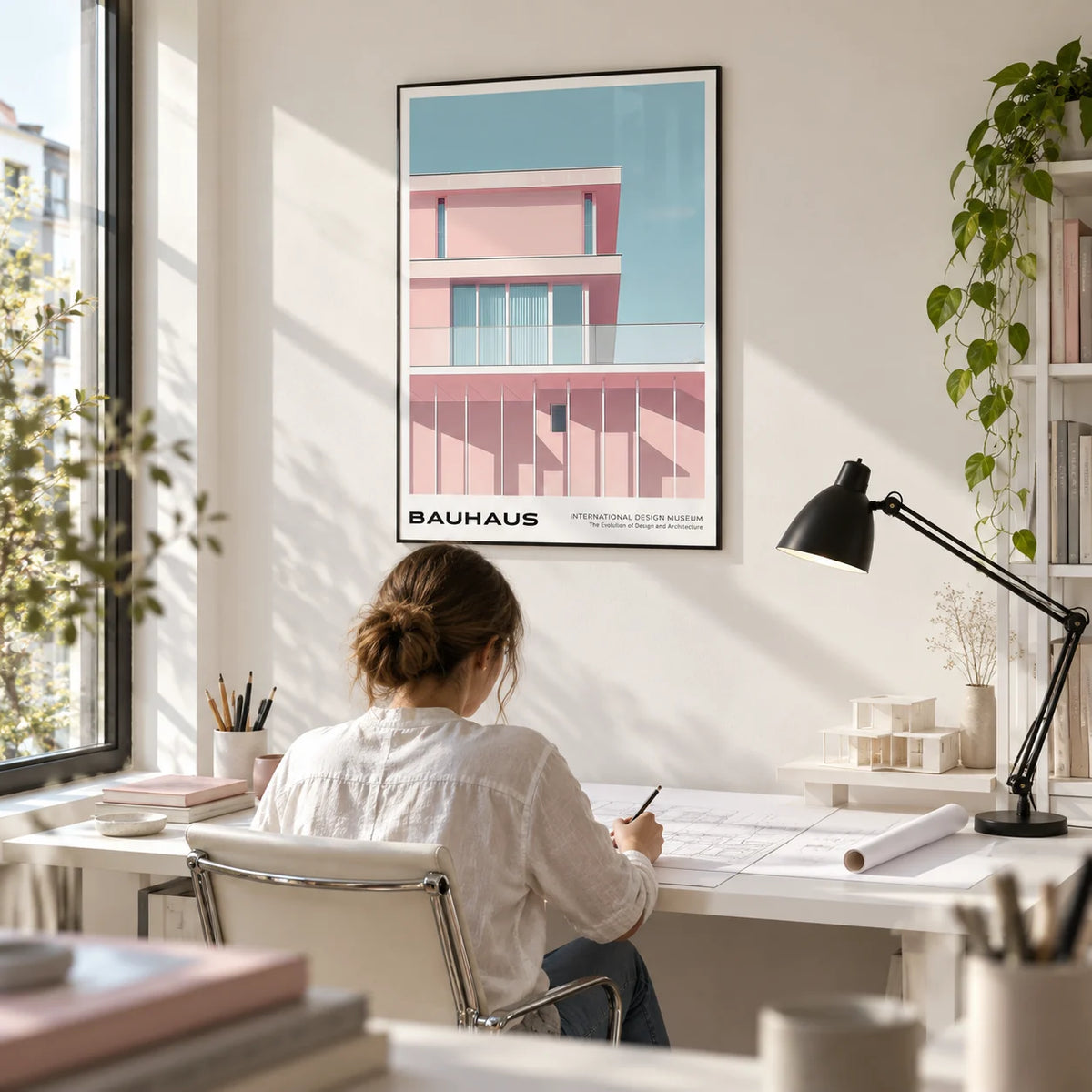 Mid Century Art Art, framed on the wall of an architect's home studio in a home office