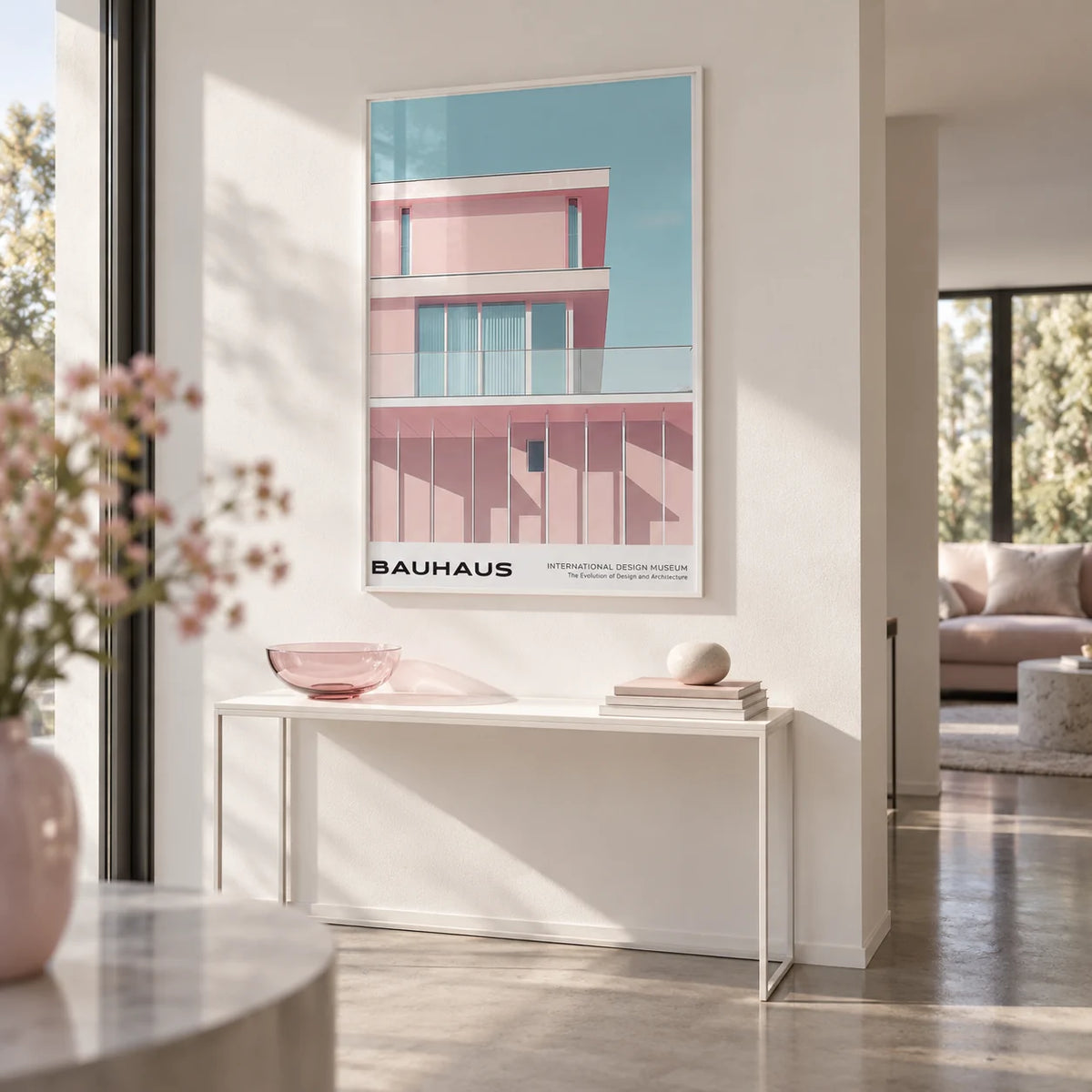 Mid Century Art Art, framed on the wall of a crisp modern hallway