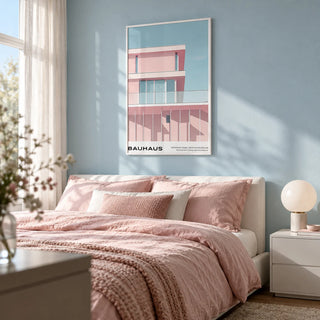 Mid Century Art Art, framed on the wall of a design-led bedroom with a powder blue wall