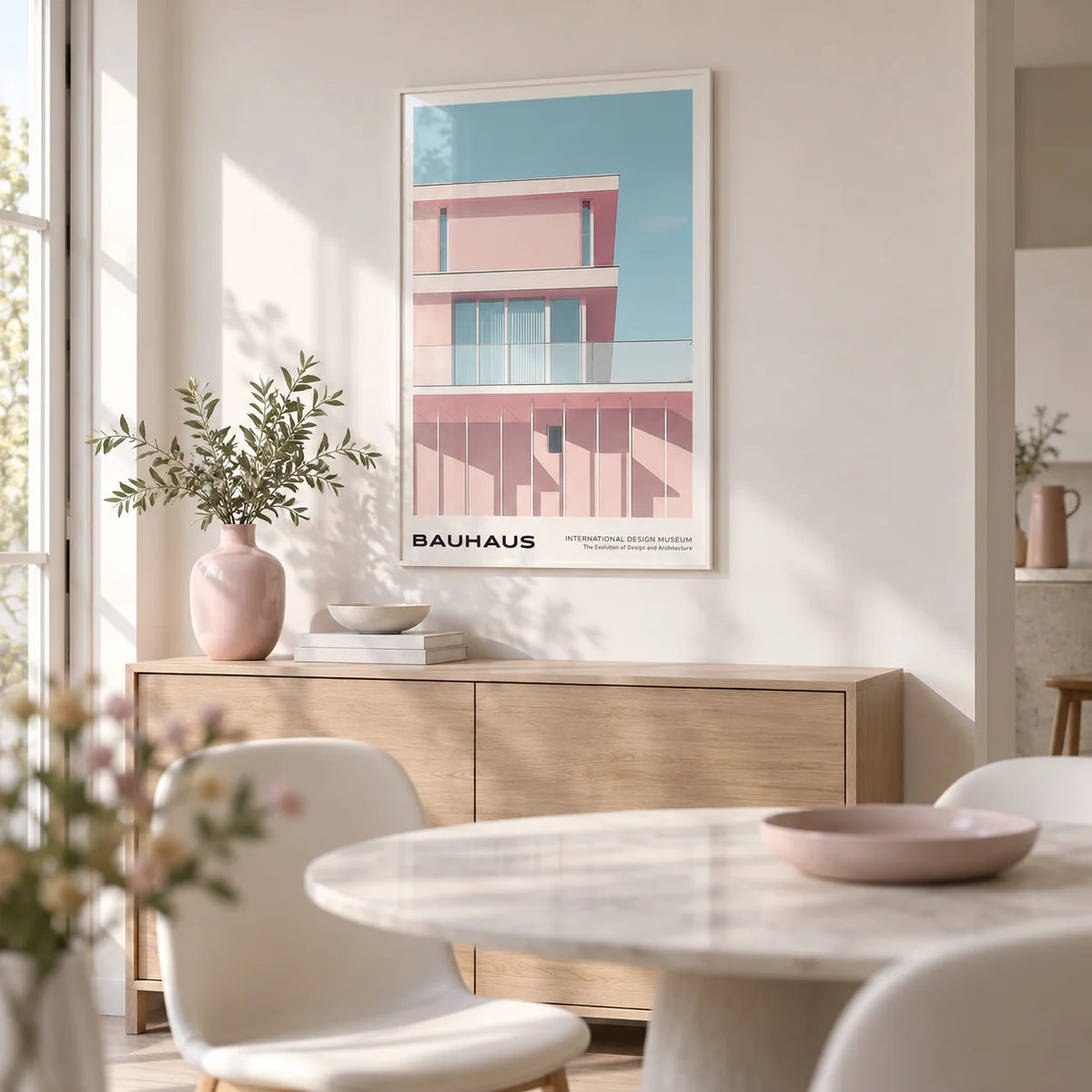 Mid Century Art Art, framed on the wall of a modern dining room