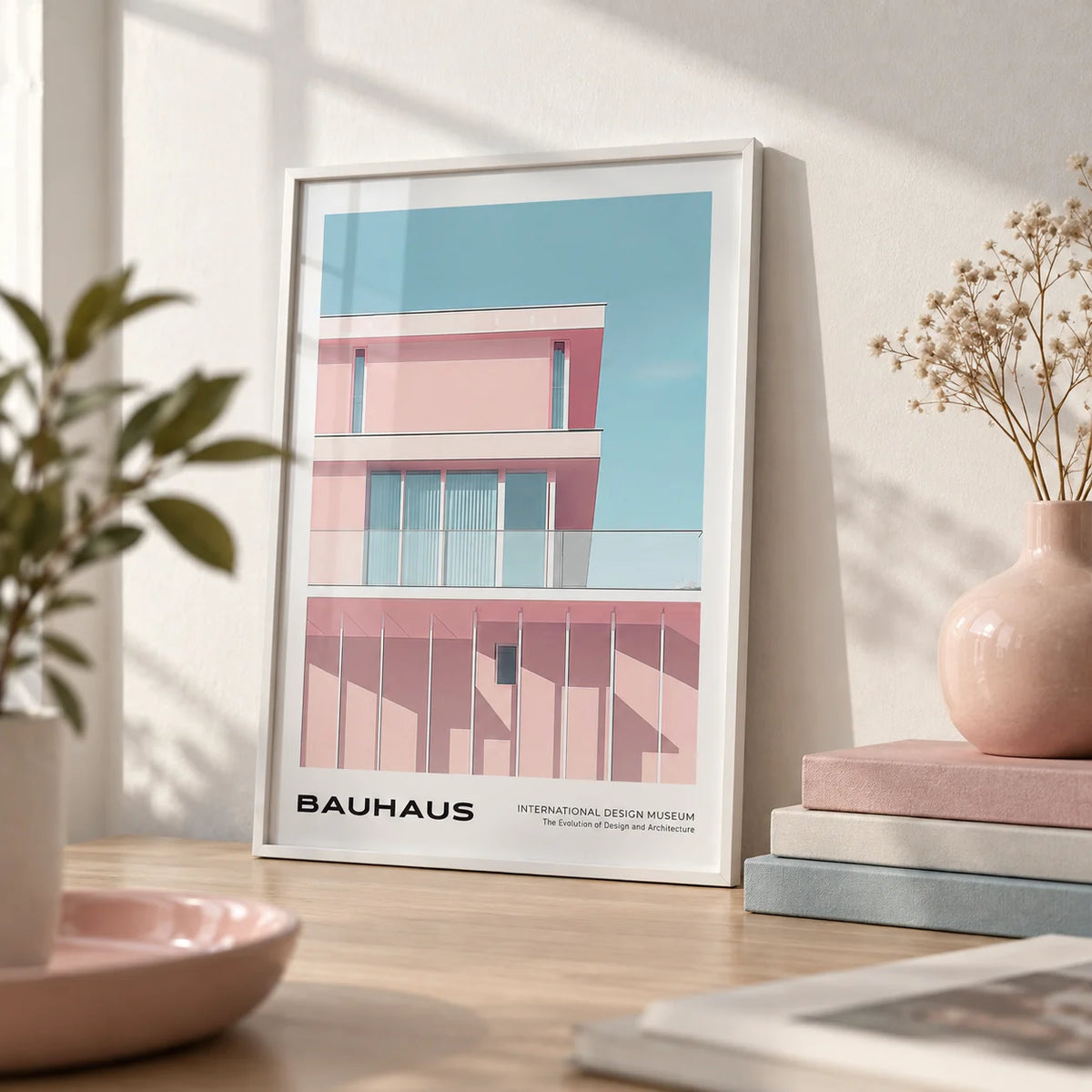 Mid Century Art Art, a small A4 framed print leaning on a desk