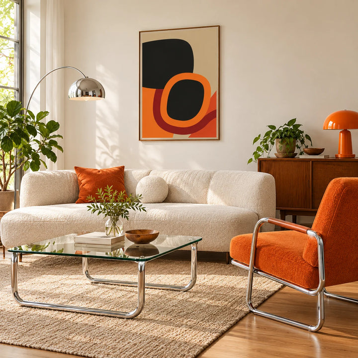 Mid Century Art, framed on the wall of a lounge with a glass coffee table