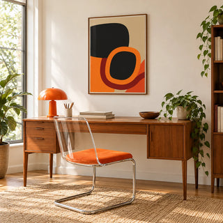 Mid Century Art, framed on the wall of a mid century home workspace