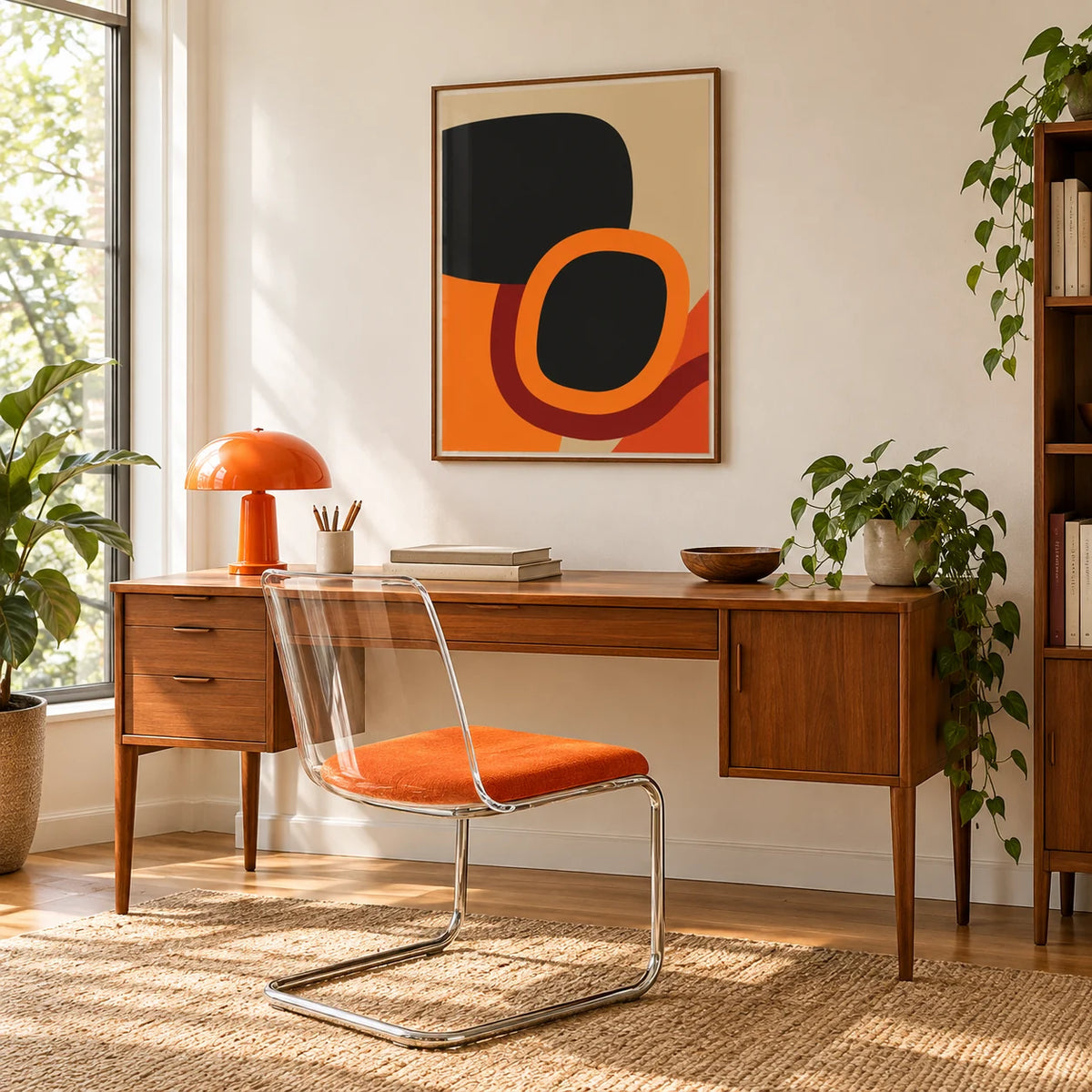 Mid Century Art, framed on the wall of a mid century home workspace