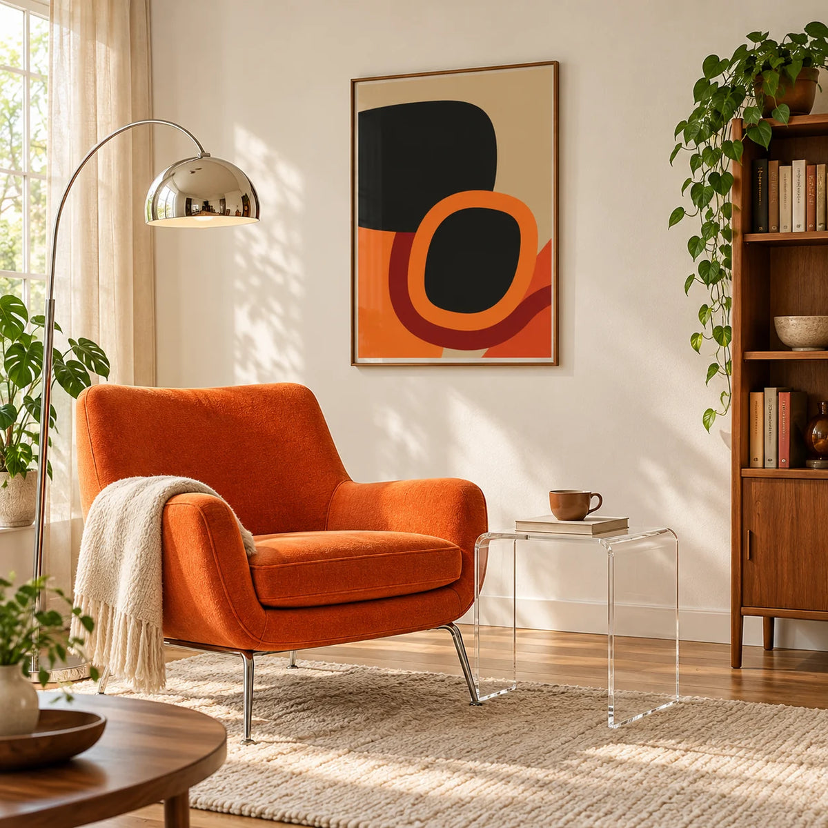 Mid Century Art, framed on the wall of a reading corner with a perspex side table in a living room