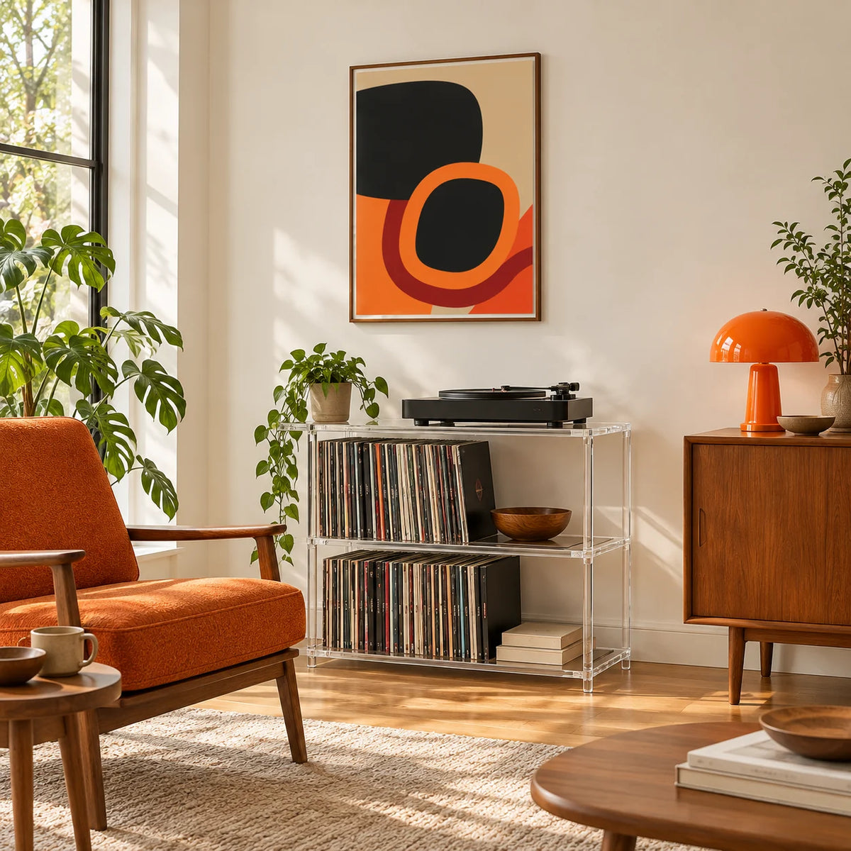 Mid Century Art, framed on the wall of a record listening nook