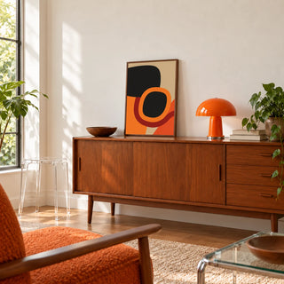 Mid Century Art, a small A4 framed print leaning on a walnut sideboard in a living room