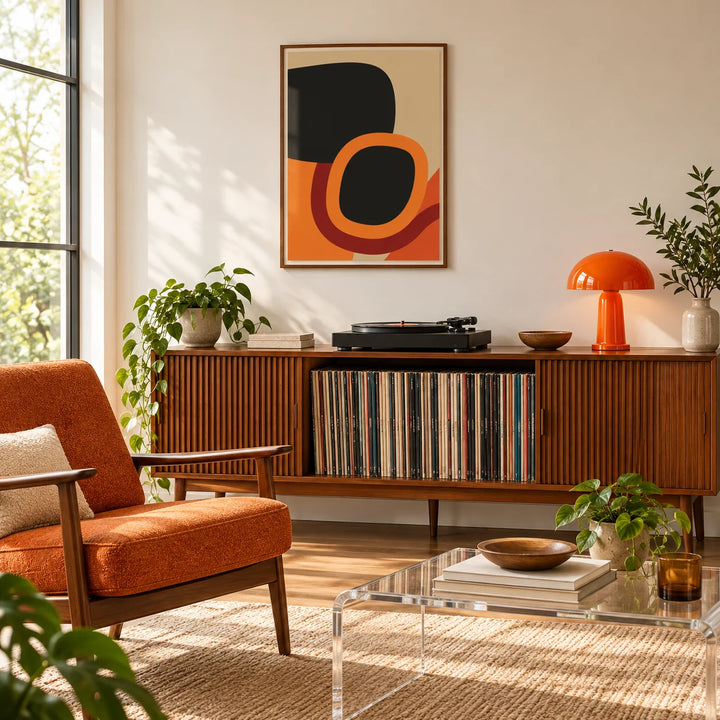 Mid Century Art, framed on the wall of a vintage music room