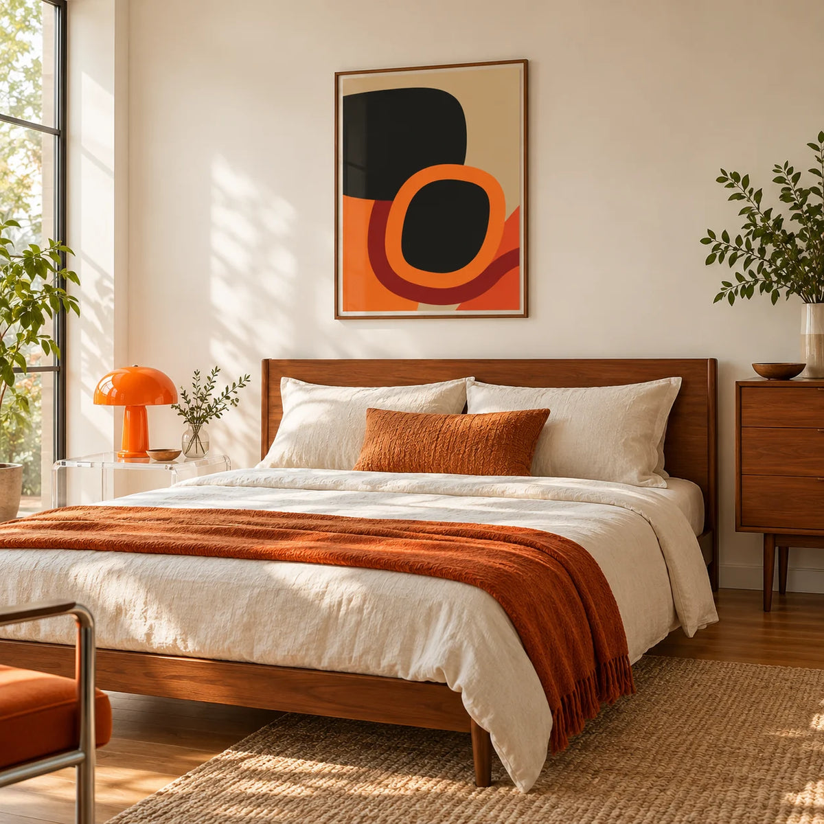 Mid Century Art, framed on the wall of a warm mid century bedroom