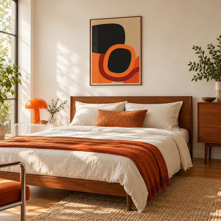 Mid Century Art, framed on the wall of a warm mid century bedroom