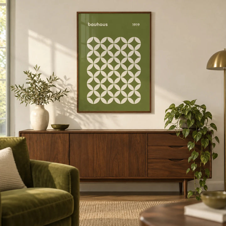 Mid Century Geometric Bauhaus, framed on the wall of a mid-century living room with a warm white wall