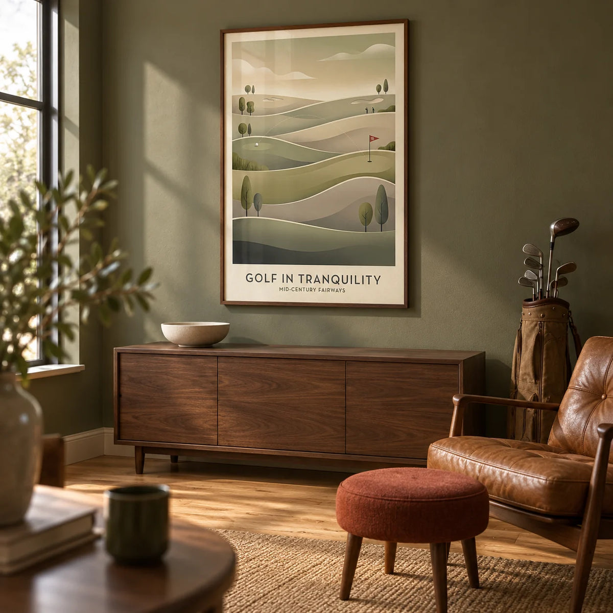 Mid-century Golf Art, framed on the wall of a compact golf enthusiast's den in a converted spare room with a muted olive wall and a warm oak floor in a living room