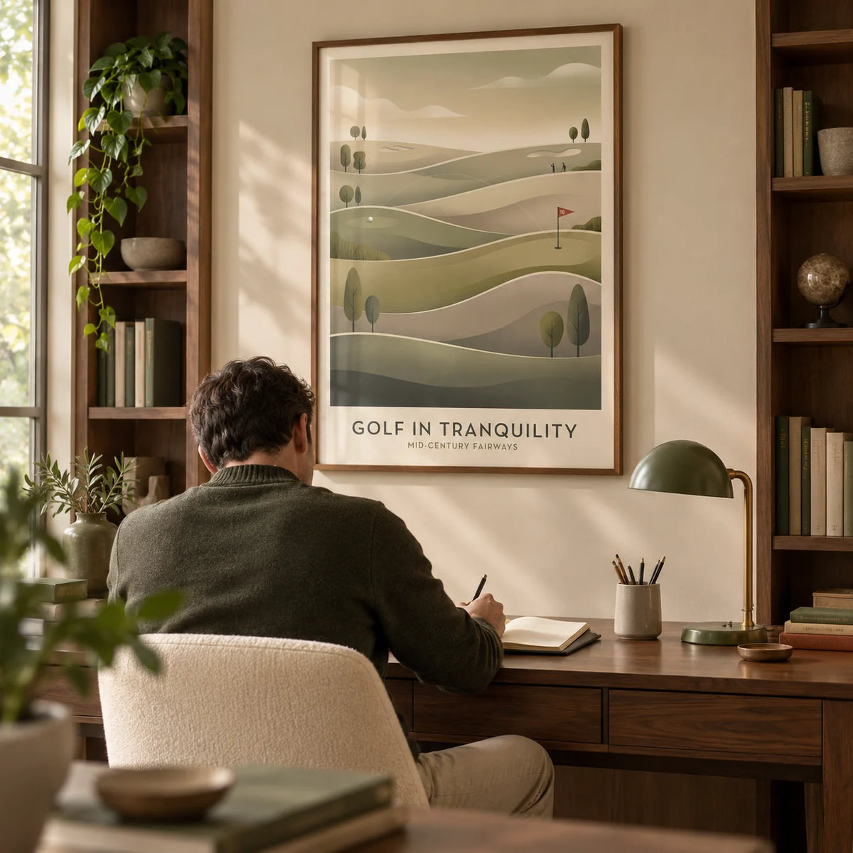 Mid-century Golf Art, framed on the wall of a quiet home study for a golf enthusiast with a pale beige wall and fitted walnut shelving