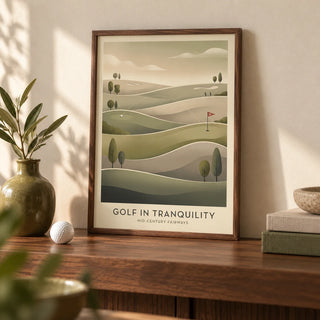 Mid-century Golf Art, a small A4 framed print leaning on a walnut shelf in a living room
