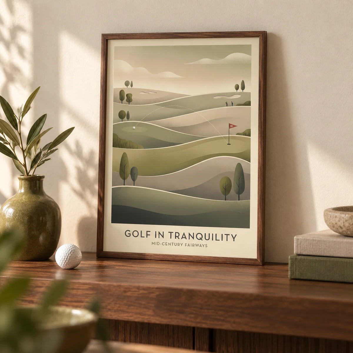 Mid-century Golf Art, a small A4 framed print leaning on a walnut shelf in a living room