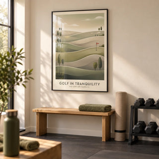 Mid-century Golf Art, framed on the wall of a small home exercise room in a UK house with a warm cream wall and a plain charcoal rubber floor