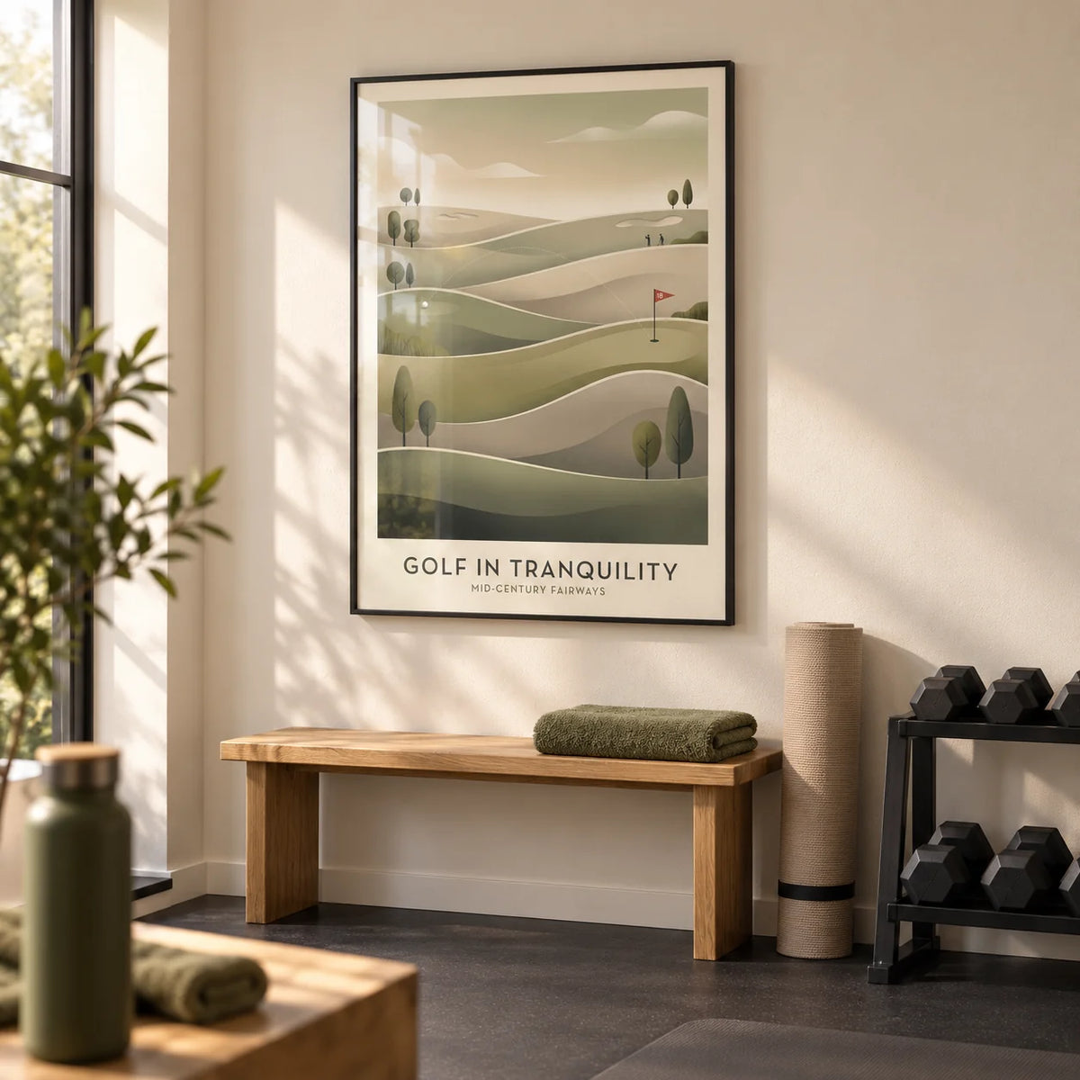 Mid-century Golf Art, framed on the wall of a small home exercise room in a UK house with a warm cream wall and a plain charcoal rubber floor