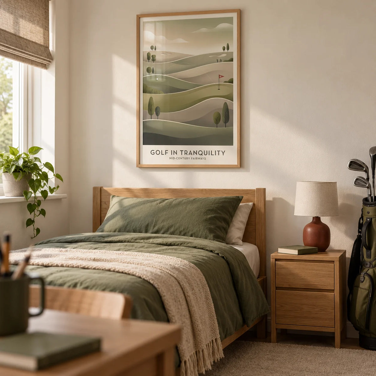 Mid-century Golf Art, framed on the wall of a tidy single bedroom for a golf-loving teenager aged 15-17 in a UK family home with a warm white wall