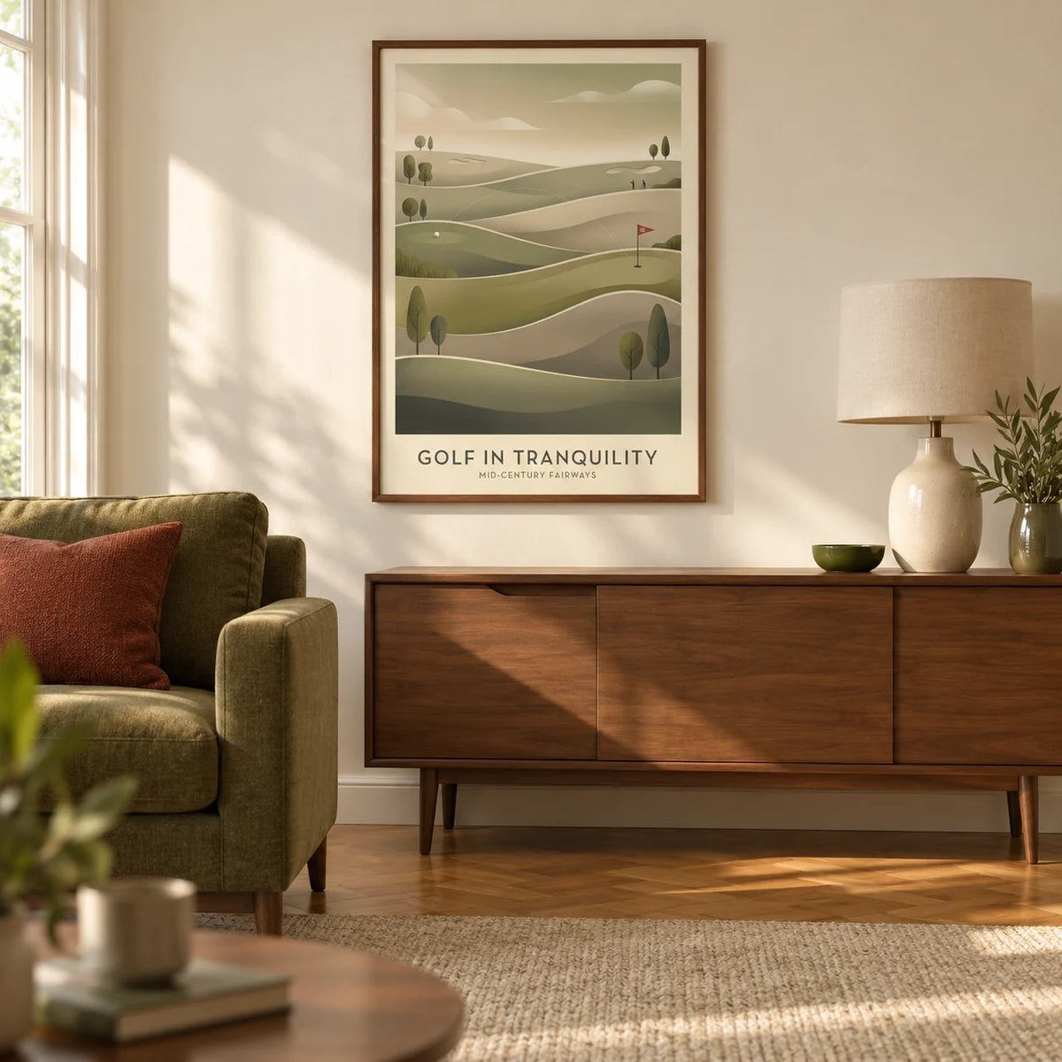 Mid-century Golf Art, framed on the wall of a warm mid-century living room in a UK semi-detached home with a cream wall and oak parquet floor