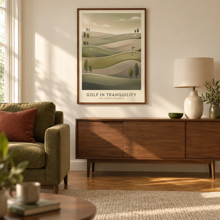 Mid-century Golf Art, framed on the wall of a warm mid-century living room in a UK semi-detached home with a cream wall and oak parquet floor