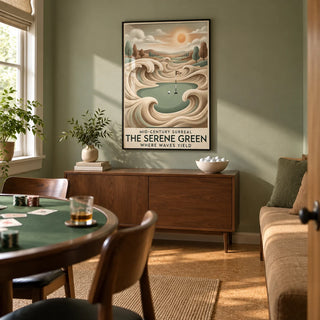 Mid-century Golf Wall Art, framed on the wall of a compact adults' games room in a converted UK spare room with a muted sage wall and a cork floor