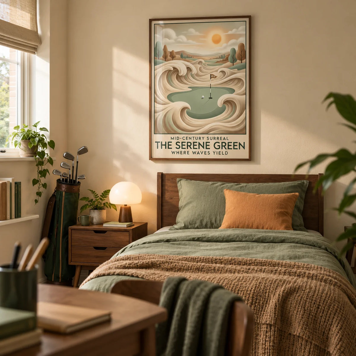 Mid-century Golf Wall Art, framed on the wall of a mid-century single bedroom for a young adult golf enthusiast (18-25) in a UK family home with warm cream walls
