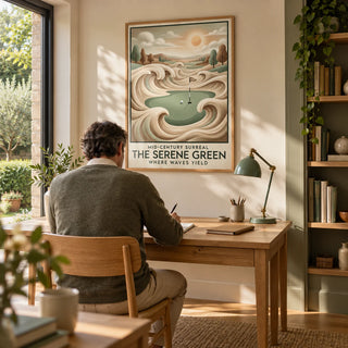 Mid-century Golf Wall Art, framed on the wall of a quiet home study for a golf enthusiast with a warm ivory wall and a view into a small garden