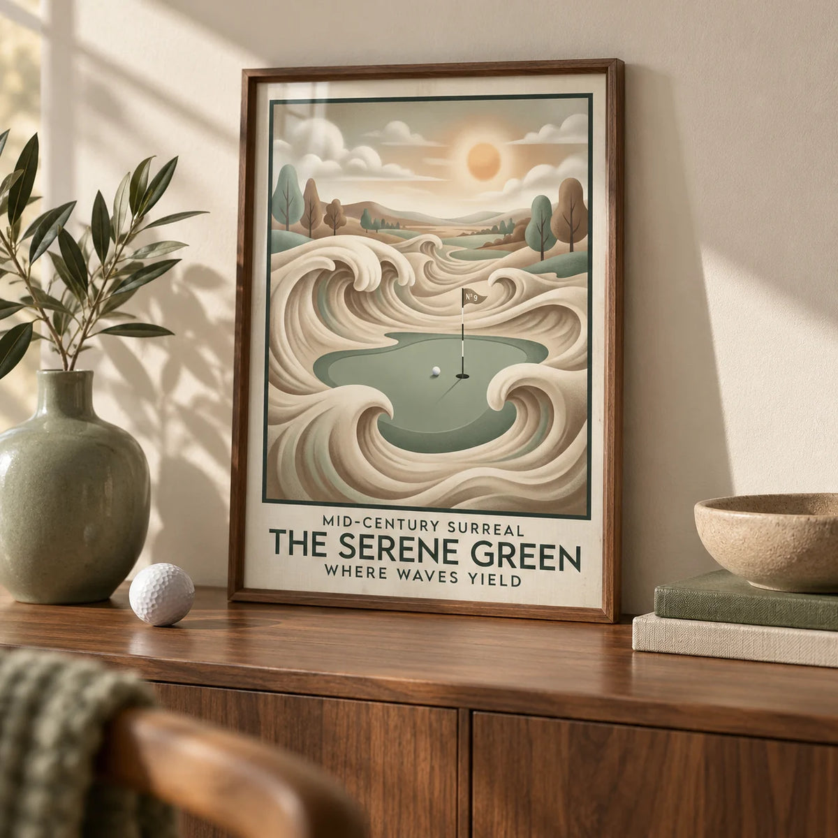 Mid-century Golf Wall Art, a small A4 framed print leaning on a walnut sideboard in a living room