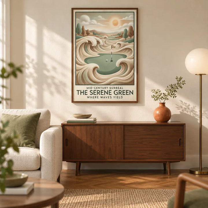 Mid-century Golf Wall Art, framed on the wall of a warm mid-century living room in a UK terrace with a cream plaster wall and oak parquet