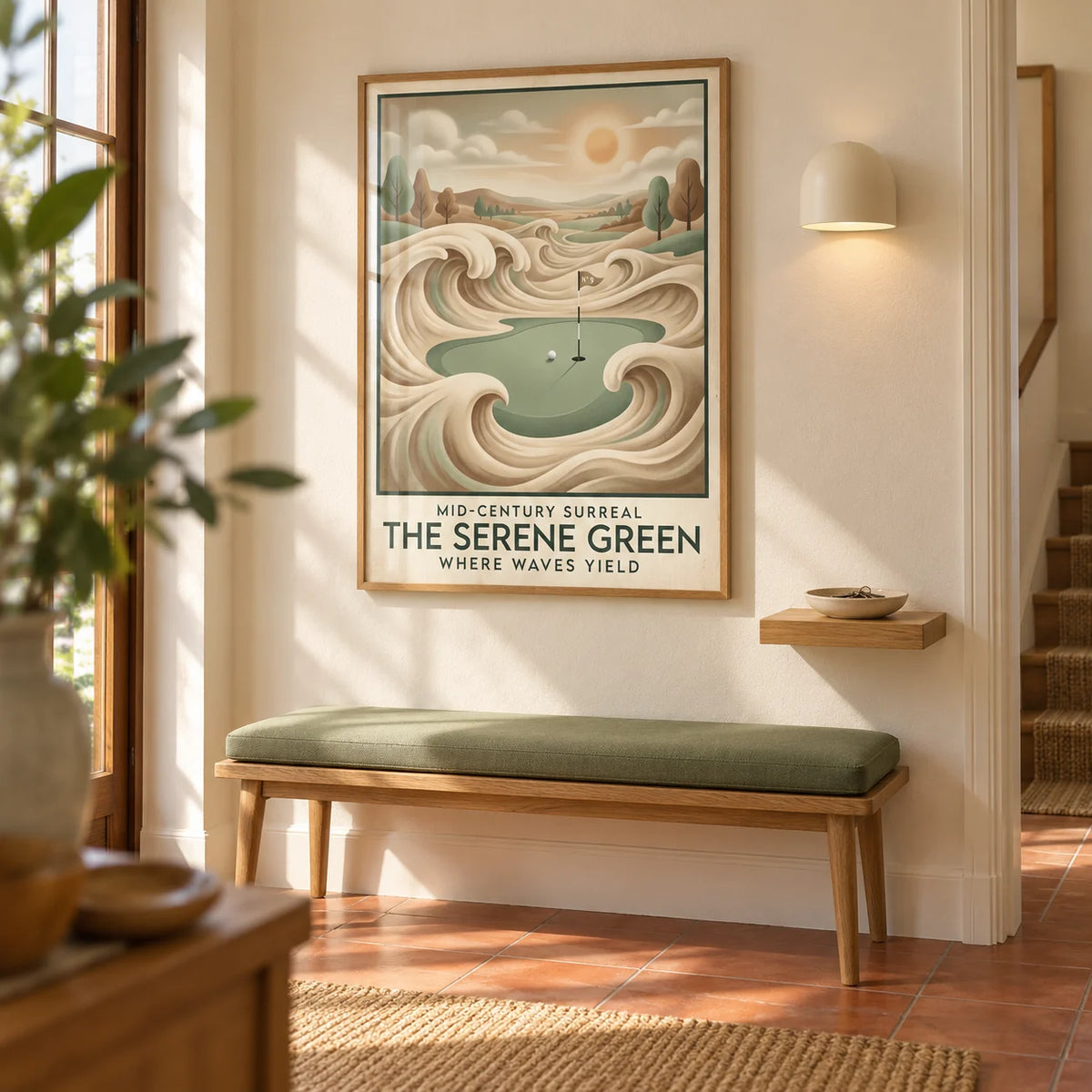 Mid-century Golf Wall Art, framed on the wall of a welcoming hallway in a mid-century UK house with a warm cream wall and terracotta floor