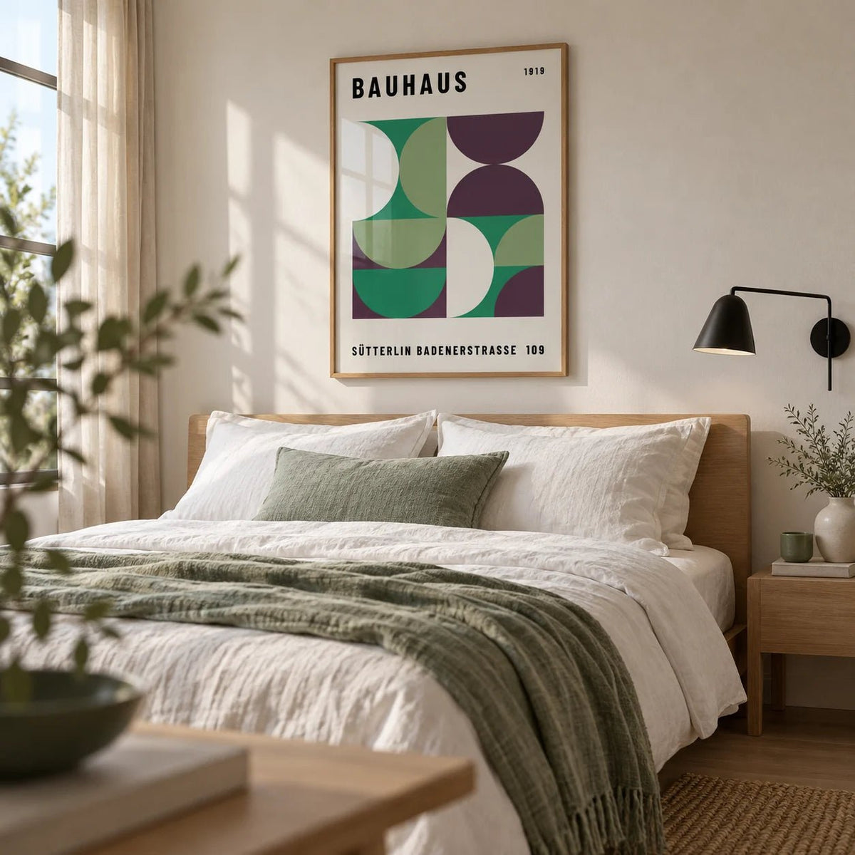 Mid Century Modern Art, framed on the wall of a crisp modern bedroom