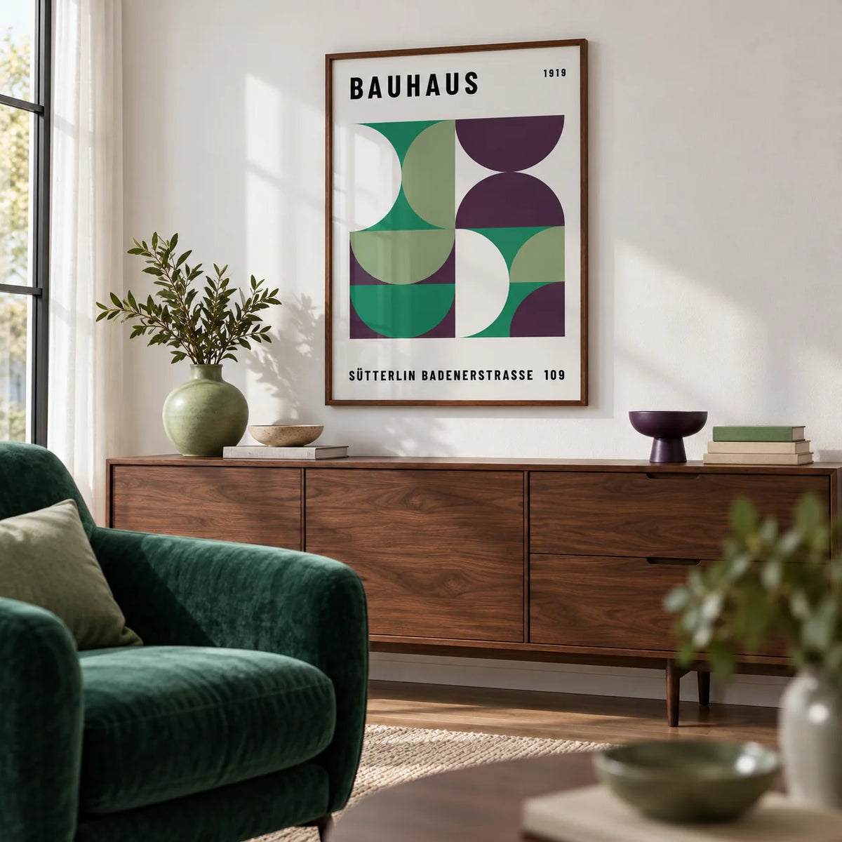 Mid Century Modern Art, framed on the wall of a design-led living room