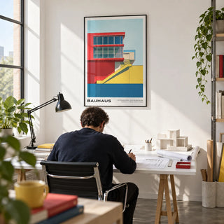 Mid Century Modern Art Prints, framed on the wall of an architect's home studio with a white wall and a concrete floor in a home office