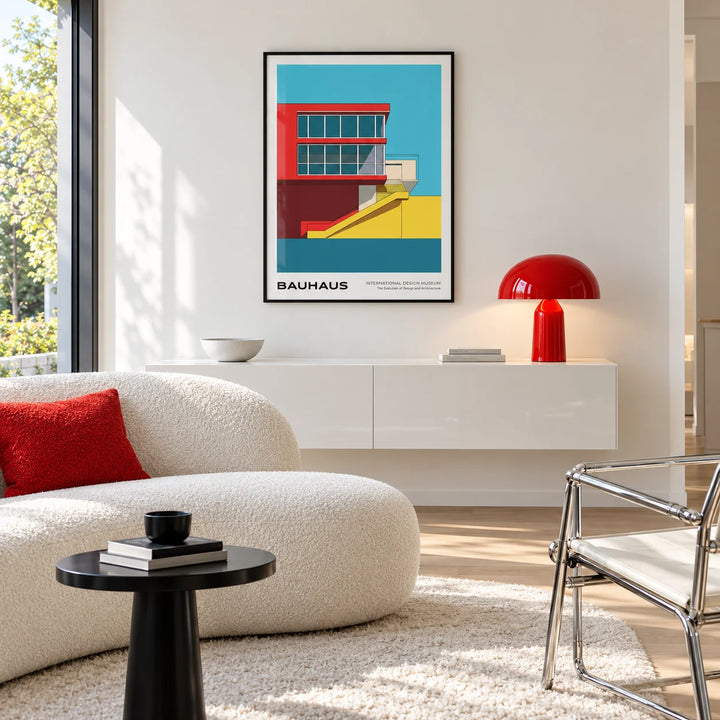 Mid Century Modern Art Prints, framed on the wall of a bright white living room with red accents