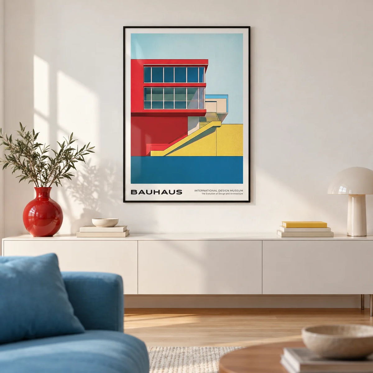 Mid Century Modern Art Prints, framed on the wall of a design-led city-flat living room with a white wall and a pale oak floor