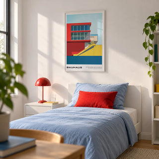 Mid Century Modern Art Prints, framed on the wall of a design-led young adult's single bedroom (20-28) with a white wall