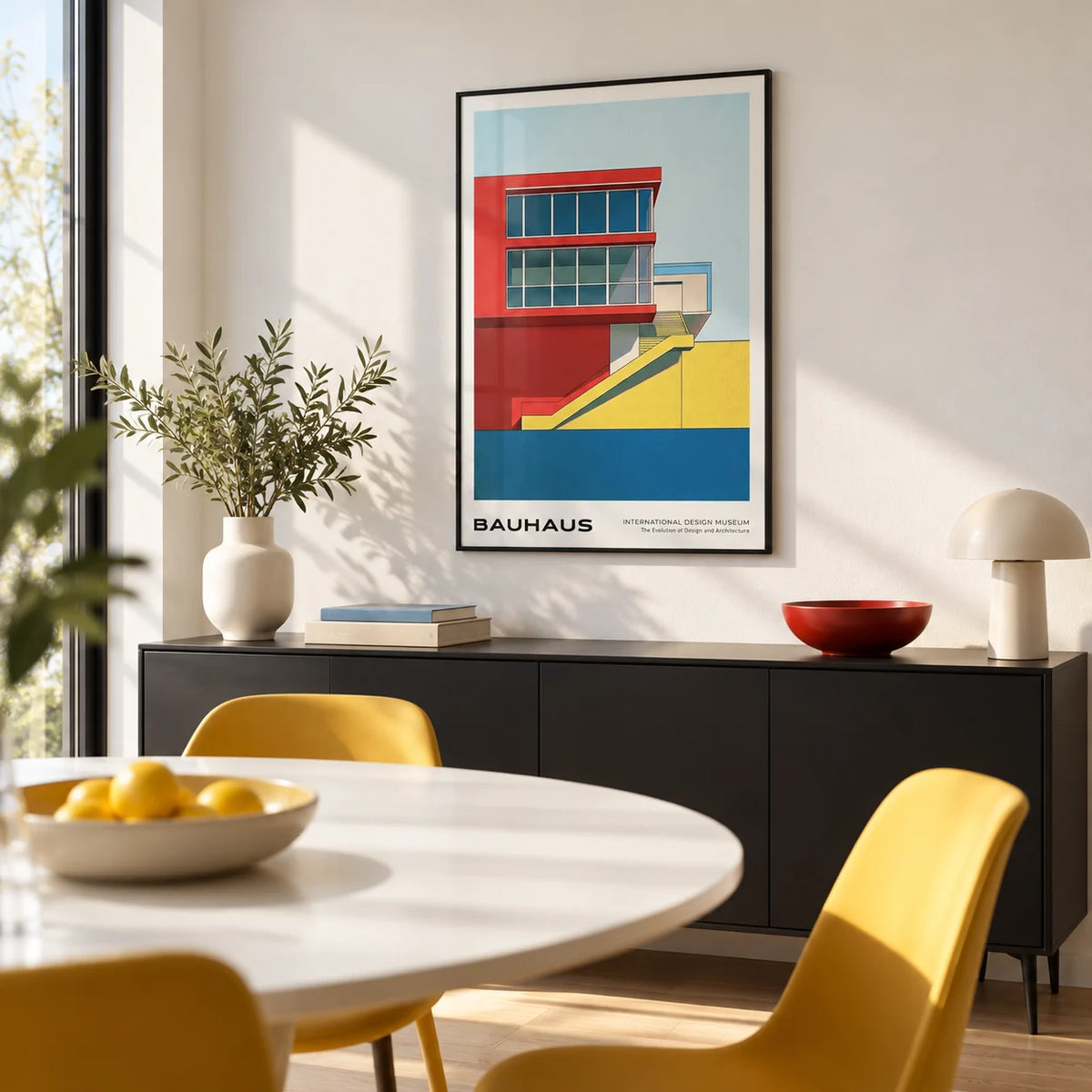Mid Century Modern Art Prints, framed on the wall of a modern dining room with a white wall