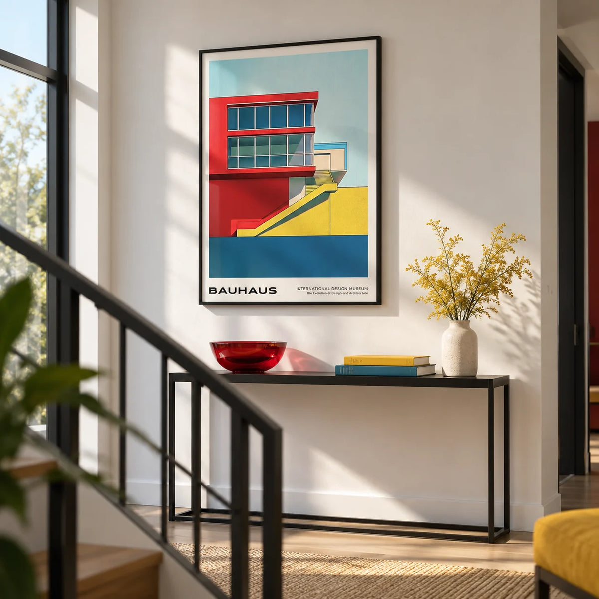 Mid Century Modern Art Prints, framed on the wall of a modern stair landing with a white wall and a black metal balustrade in a hallway