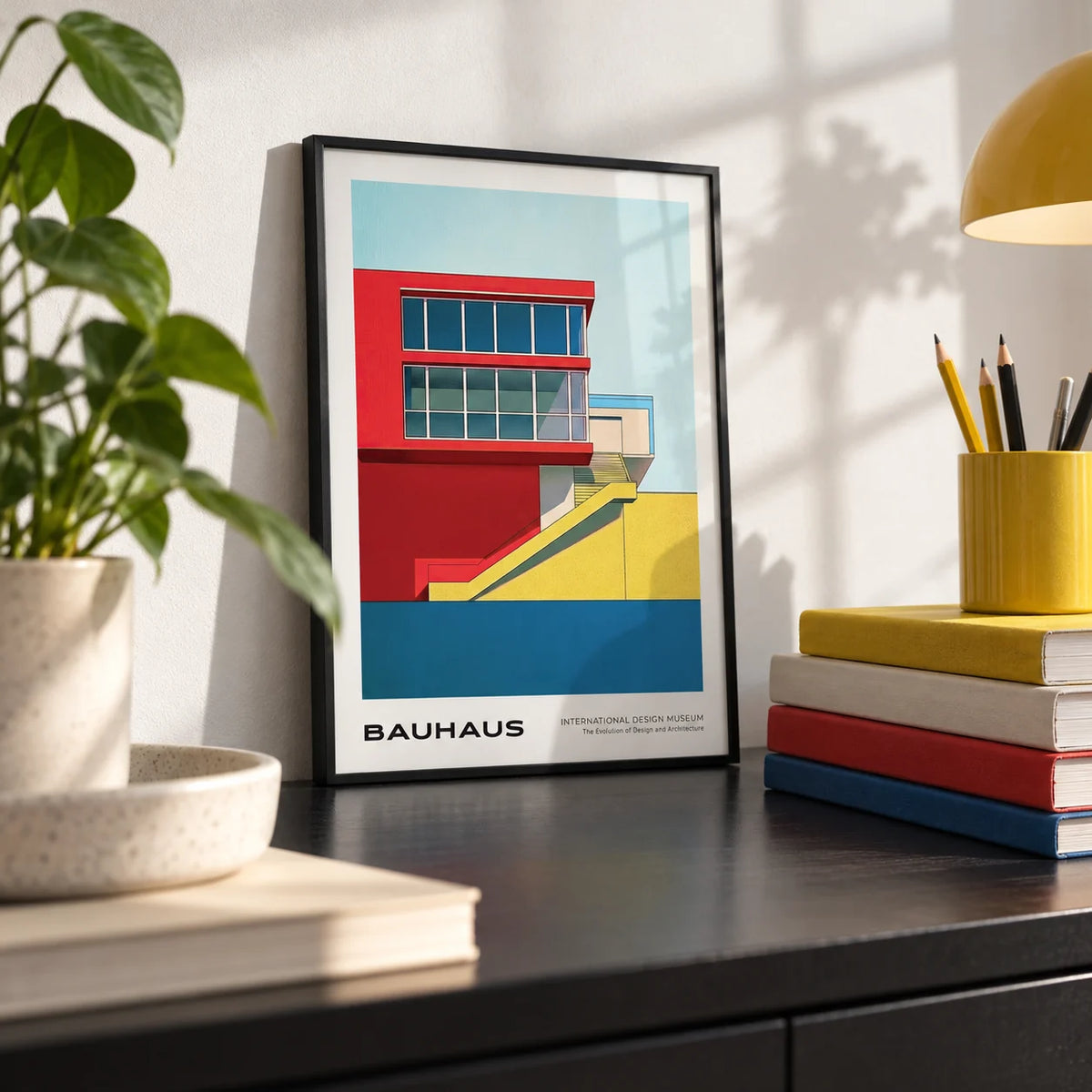 Mid Century Modern Art Prints, a small A4 framed print leaning on a black desk