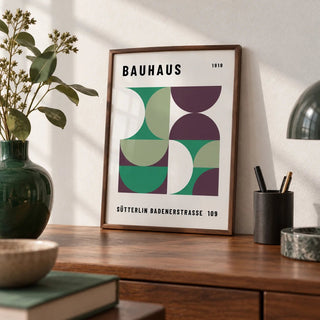 Mid Century Modern Art, a small A4 framed print leaning on a walnut desk