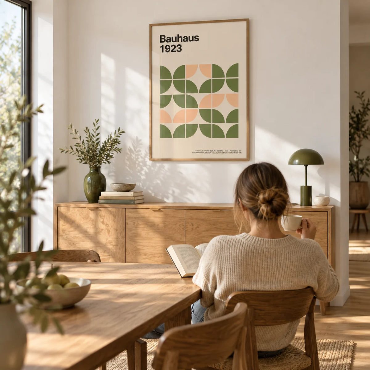 Mid Century Modern Wall Art, framed on the wall of a bright modern dining room with a white wall